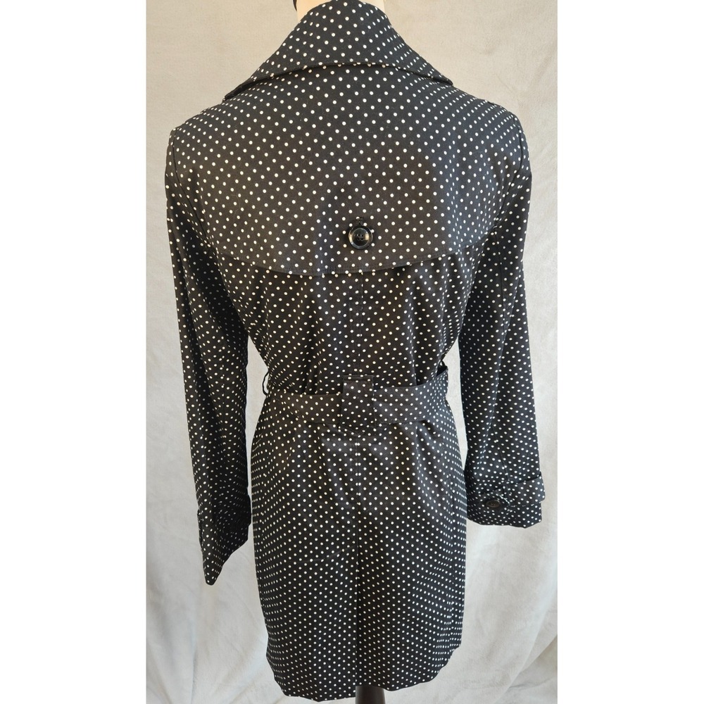 London Fog Black Trench Coat Polka Dot SMALL Mid-Length Jacket Button Front Belt - Picture 3 of 7